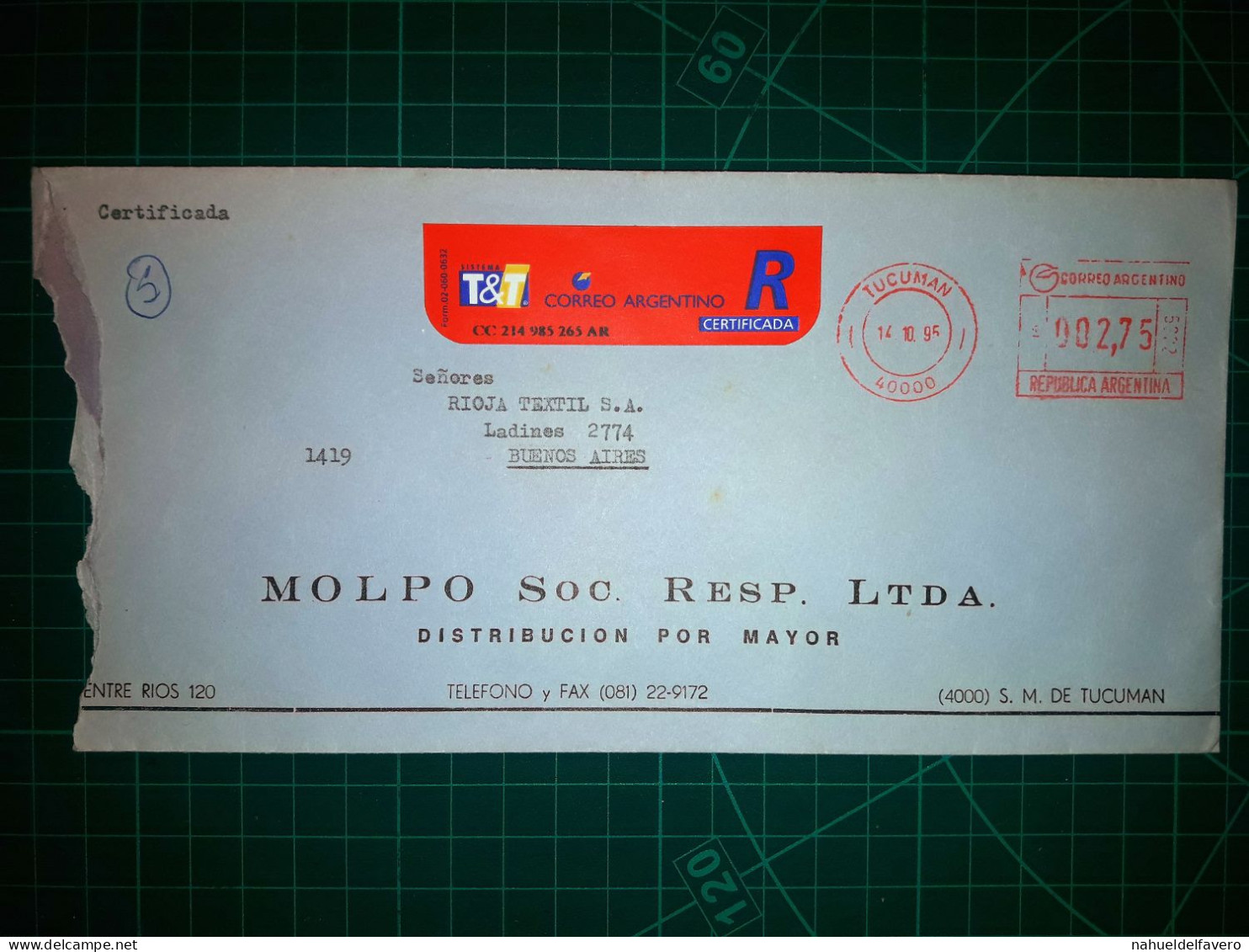 ARGENTINE, Certifié Enveloppe Longue. Appartenant à "MOLPO Soc. Resp. Ltda." Envoyé à Buenos Aires Avec Envoi Mécanique. - Usati