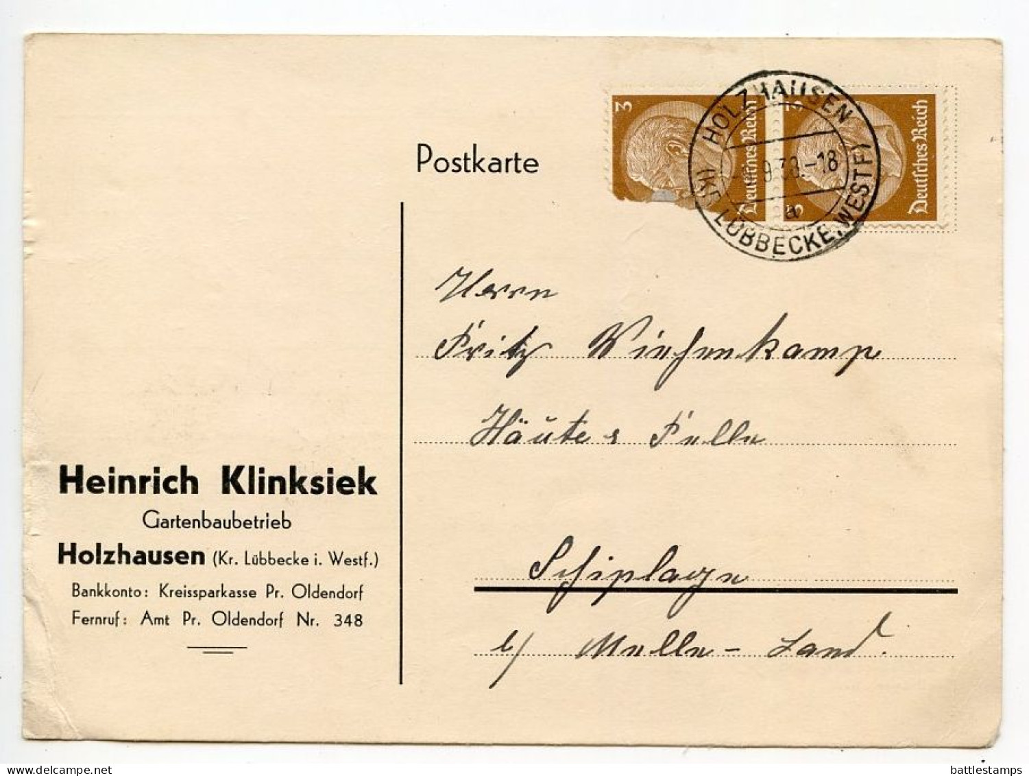 Germany 1938 Postcard; Holzhausen (Kr. Lübbecke, Westf.) - Heinrich Klinksiek, Gartenbaubetrieb; 3pf. Hindenburg Pair - Storia Postale
