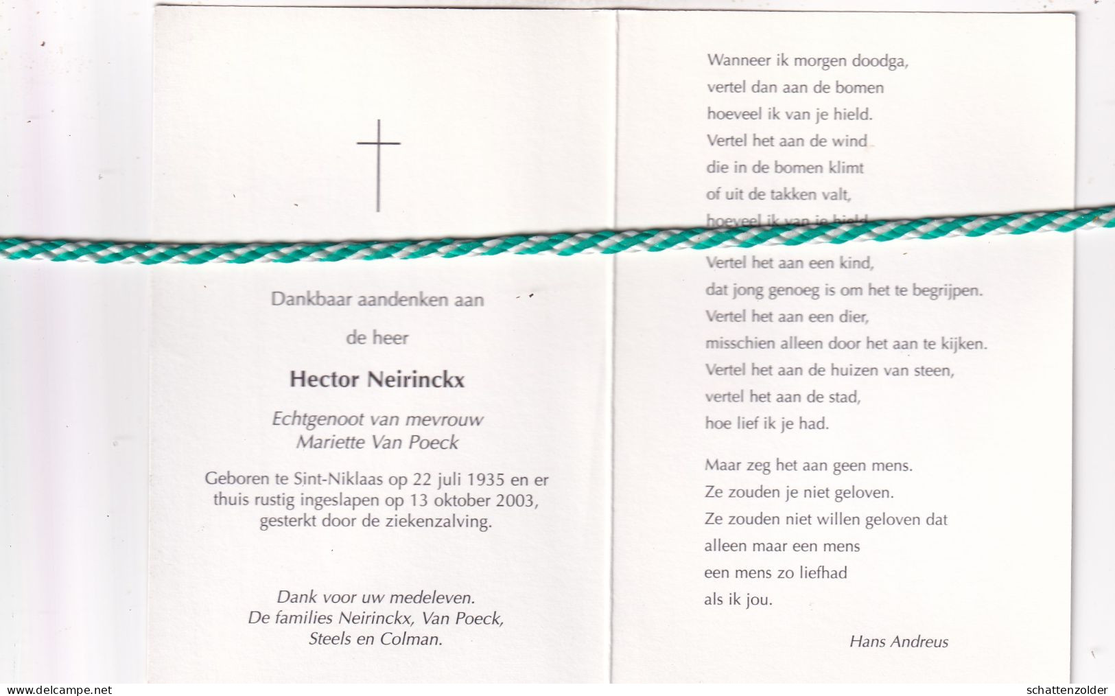 Hector Neirinckx-Van Poeck, Sint-Niklaas 1935, 2003. Foto - Todesanzeige
