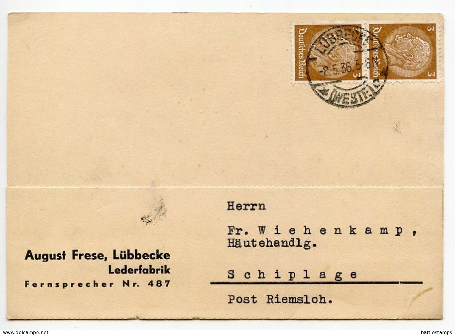 Germany 1936 Postcard; Lübbecke (Westf.) - August Frese, Lederfabrik To Schiplage; 3pf. Hindenburg Pair - Storia Postale