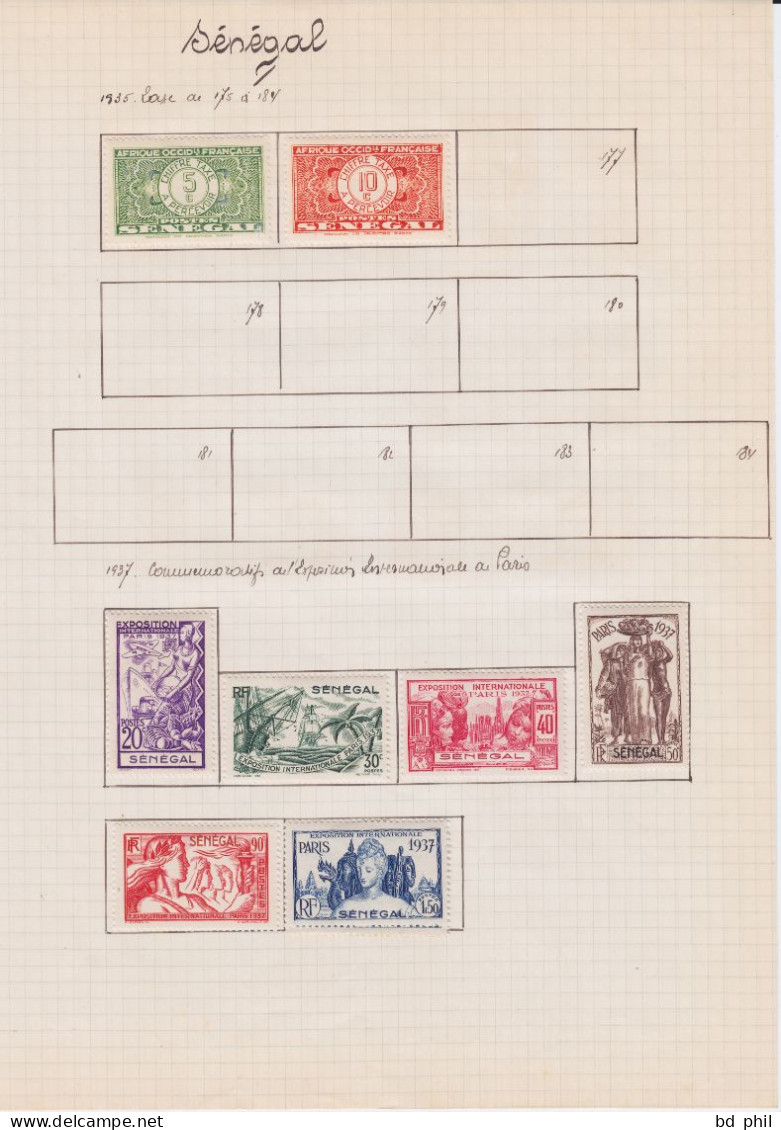 lot 73 timbres Sénégal A.O.F 1892 1899 1906 1912 1914 1922 1925 1935 1937 1938 1939 neuf et oblitéré avec charnière