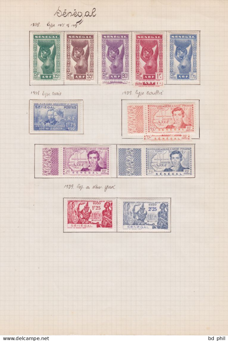 lot 73 timbres Sénégal A.O.F 1892 1899 1906 1912 1914 1922 1925 1935 1937 1938 1939 neuf et oblitéré avec charnière