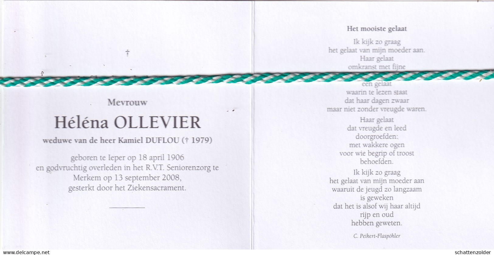 Hélèna Ollevier-Duflou, Ieper 1906, Merkem 2008. Honderdjarige. Foto - Todesanzeige