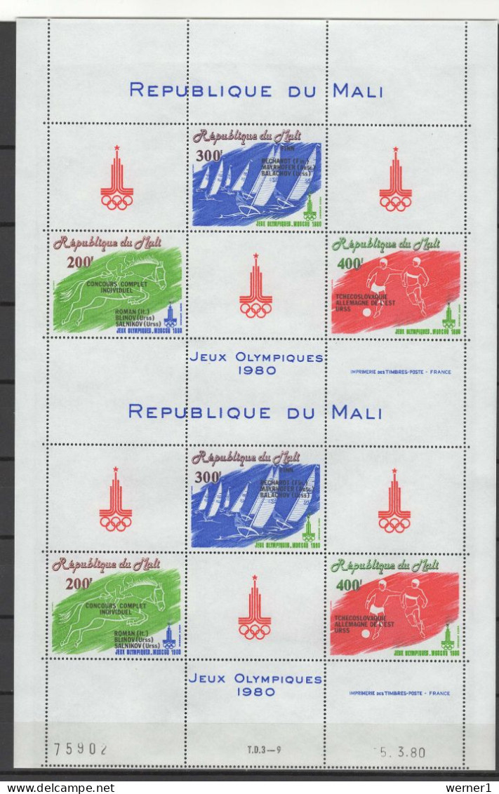 Mali 1980 Olympic Games Moscow, Equestrian, Sailing, Football Soccer Sheetlet With 2 S/s With Winners Overprint MNH - Estate 1980: Mosca