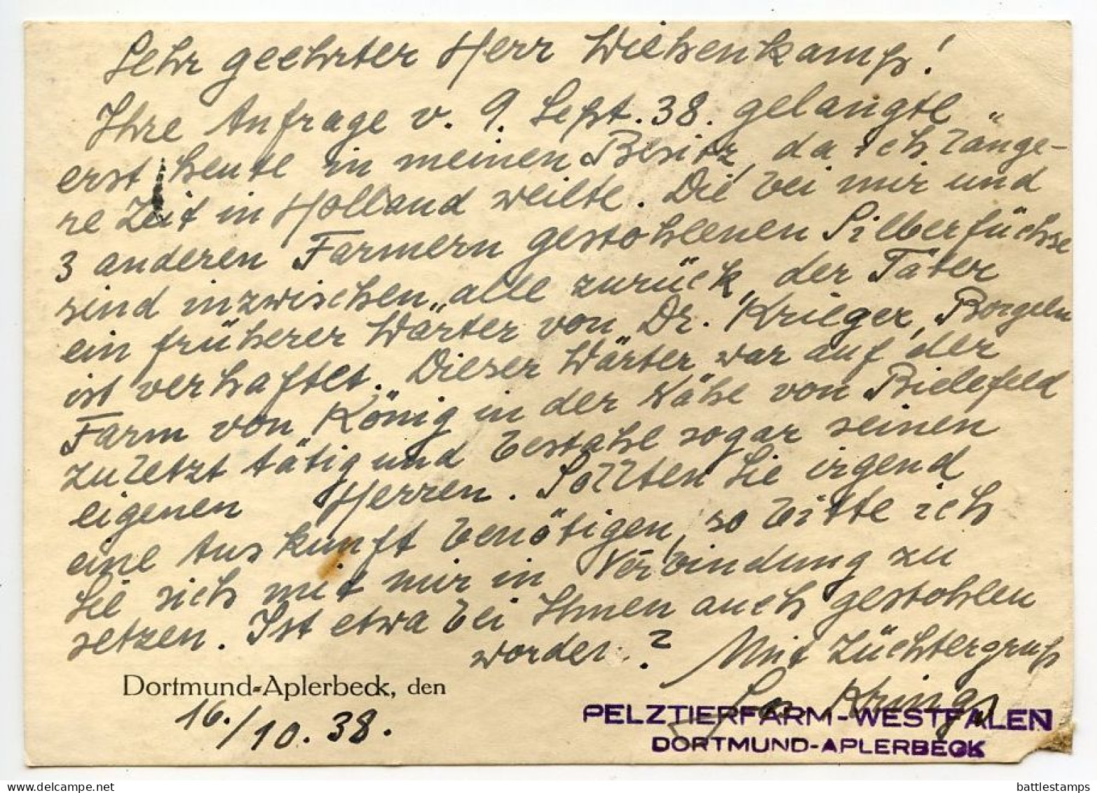 Germany 1938 Postcard; Dortmund - Pelztierfarm Westfalen To Schiplage; 3pf. Hindenburg Pair; Slogan Cancel - Briefe U. Dokumente