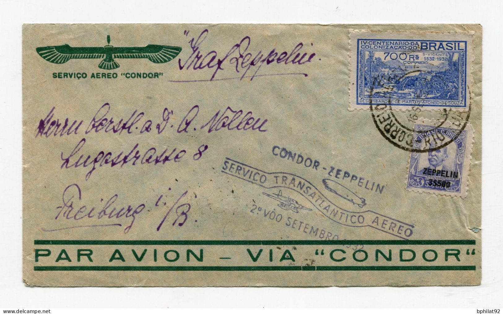 !!! BRESIL, LETTRE DE RIO POUR FRIBOURG CACHET CONDOR ZEPPELIN SERVICE TRANSATLANTIQUE 2E VOL SEPTEMBRE 1932 - Luftpost