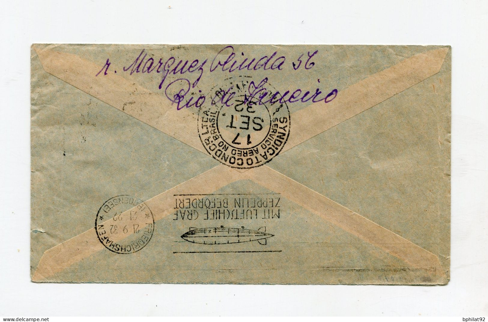 !!! BRESIL, LETTRE DE RIO POUR FRIBOURG CACHET CONDOR ZEPPELIN SERVICE TRANSATLANTIQUE 2E VOL SEPTEMBRE 1932 - Luchtpost