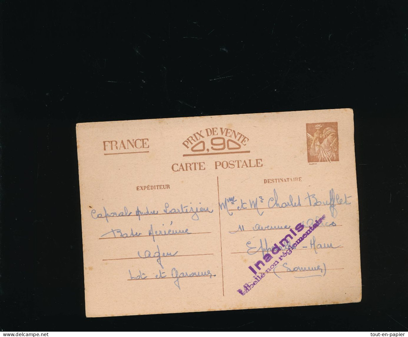 1941 - CARTE ENTIER Postal IRIS INADMIS "LIBELLE NON REGLEMENTAIRE" ! Lot Et Garonne Vers La Somme - Guerre De 1939-45
