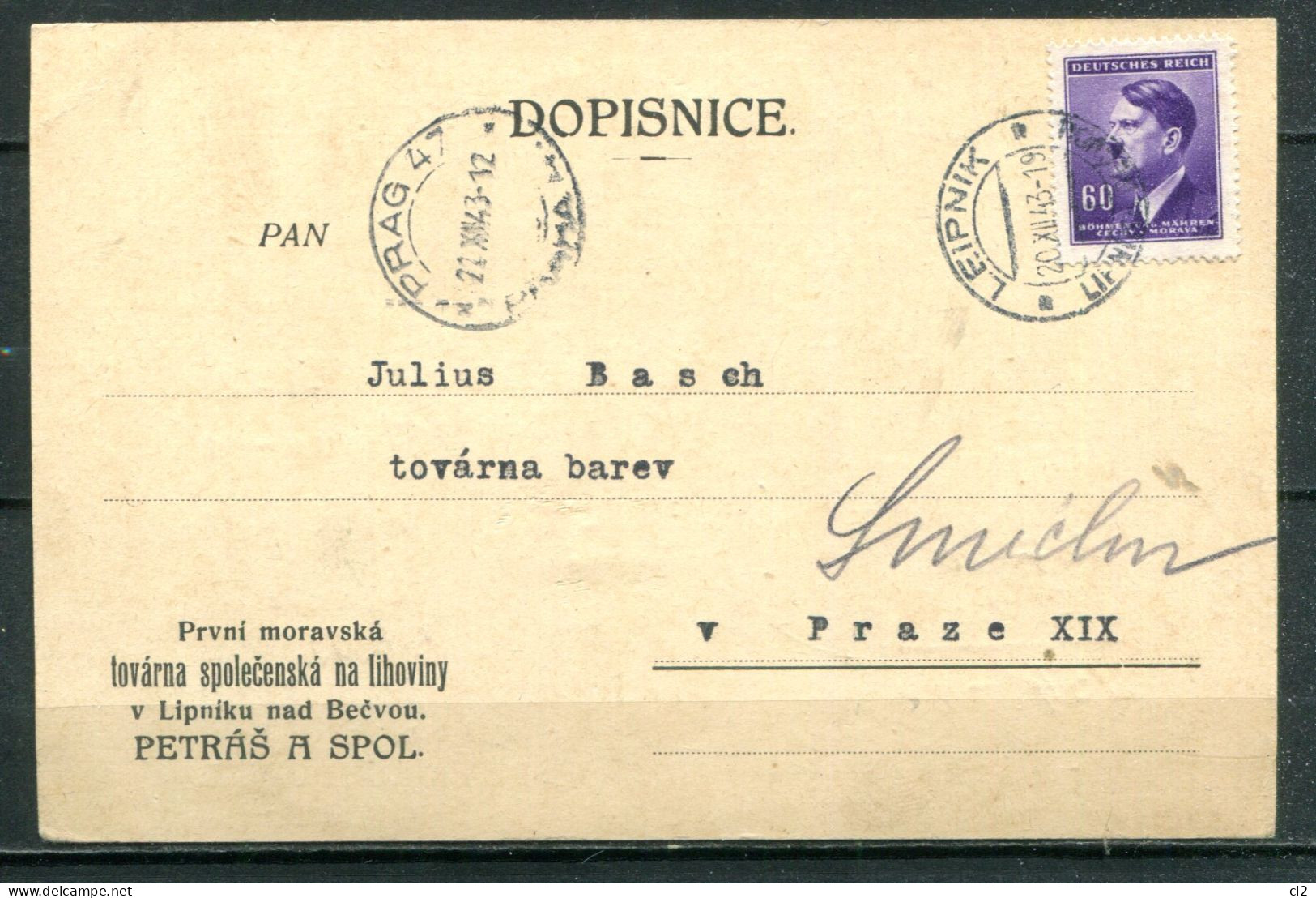 THECOSLOVAQUIE - BOHEME ET MORAVIE - 22.XI.43 - Mi 93 Sur Carte LEIPNIK ( Lipniku Nad Becvou) Pour PRAGUE - Brieven En Documenten