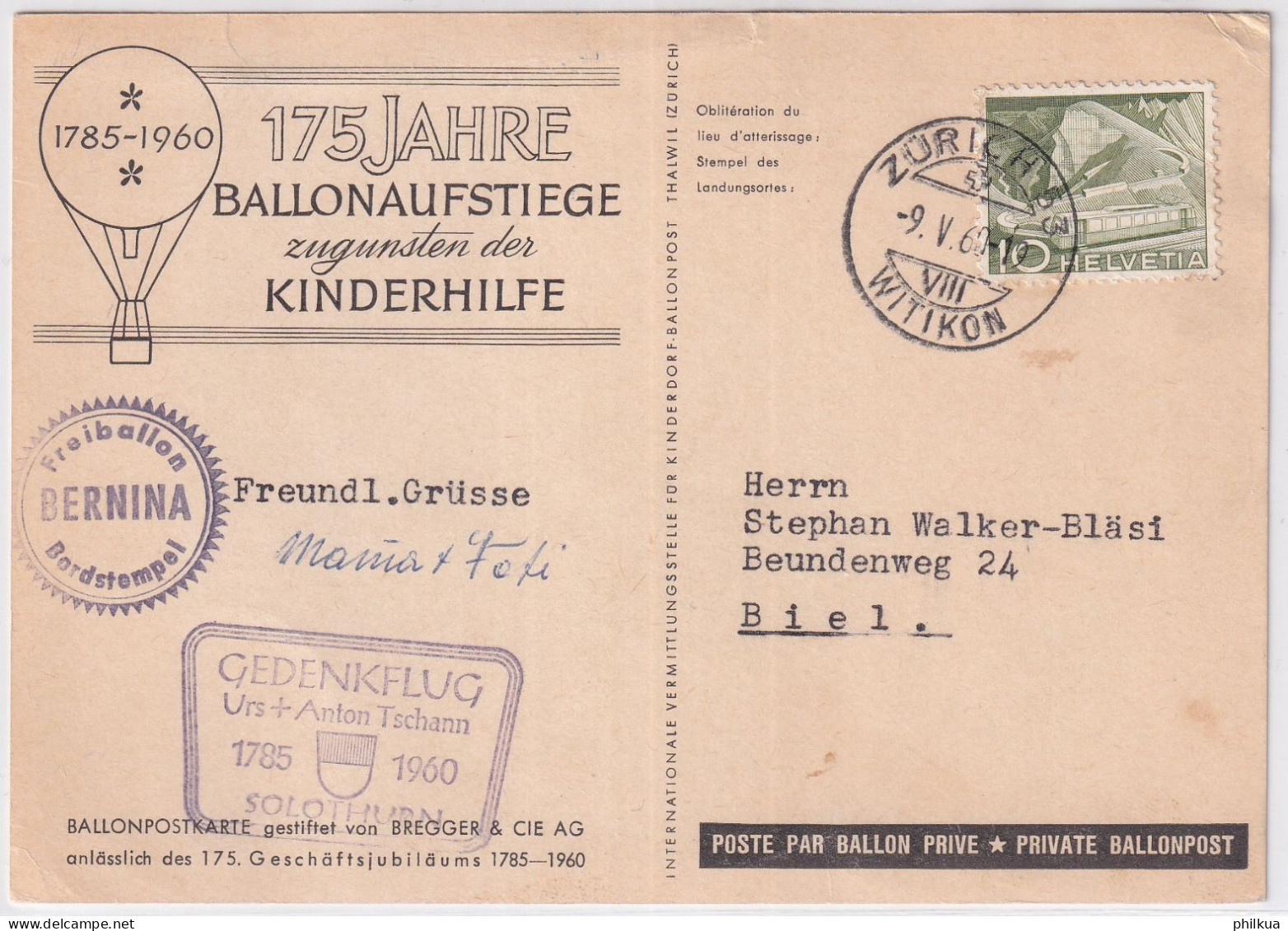 Zum. 299 / Mi. 530 Auf Ballonpostkarte - Gelaufen Ab Zürich Wiedikon 175 Jahre Ballonaufstiege Zugunsten Der Kinderhilfe - Autres & Non Classés