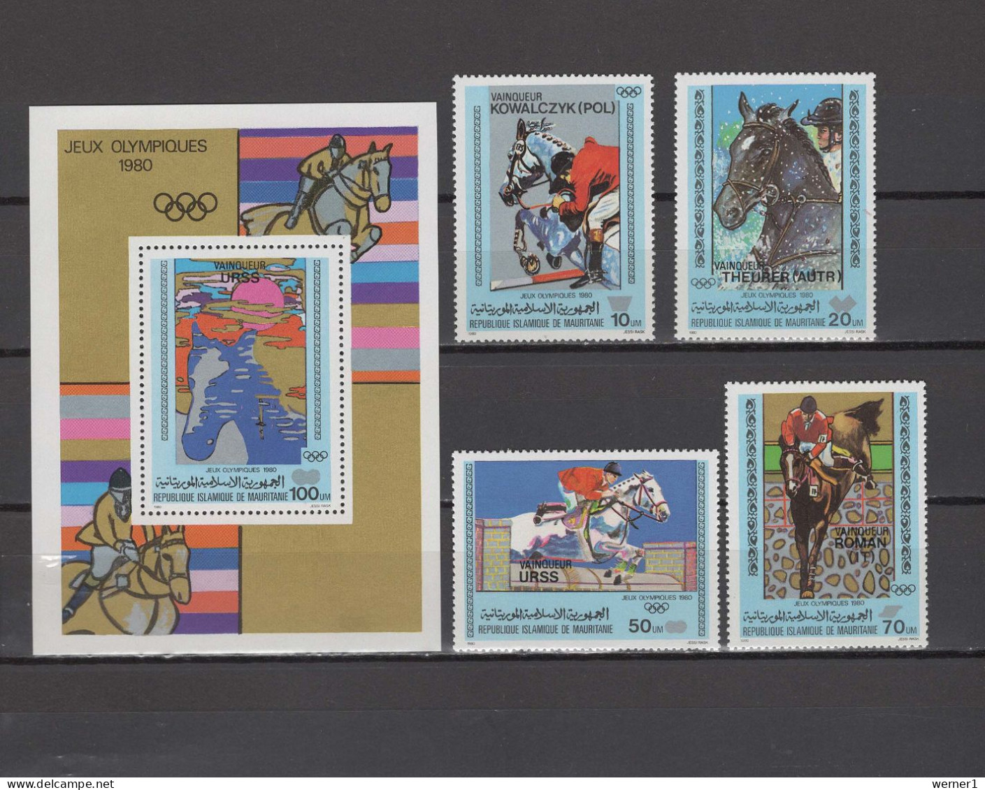 Mauritania 1980 Olympic Games Moscow, Equestrian Set Of 4 + S/s With Winners Overprint MNH - Zomer 1980: Moskou