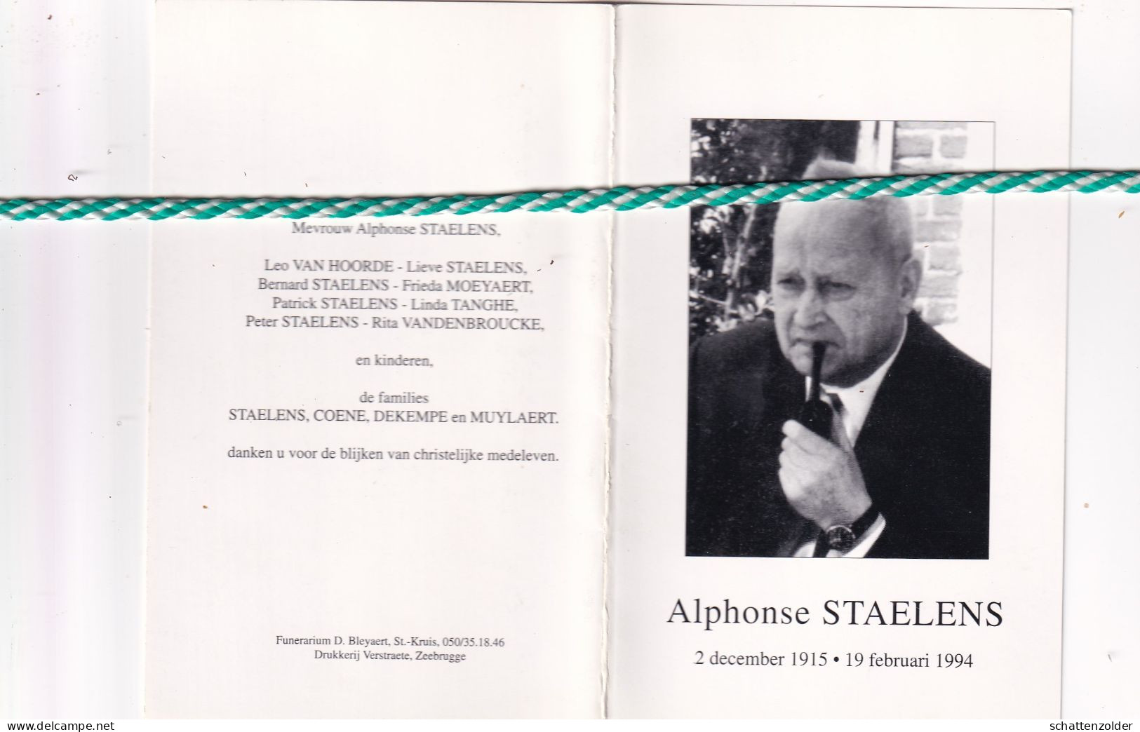 Alphonse Staelens-Coene, Dudzele 1915, Knokke 1994. Apotheker. Foto - Obituary Notices