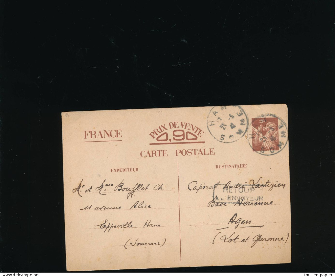 1941 - CARTE ENTIER Postal IRIS INADMIS  Retour à L'envoyeur De Eppeville Somme  Vers Agen Lot Et Garonne - WW II