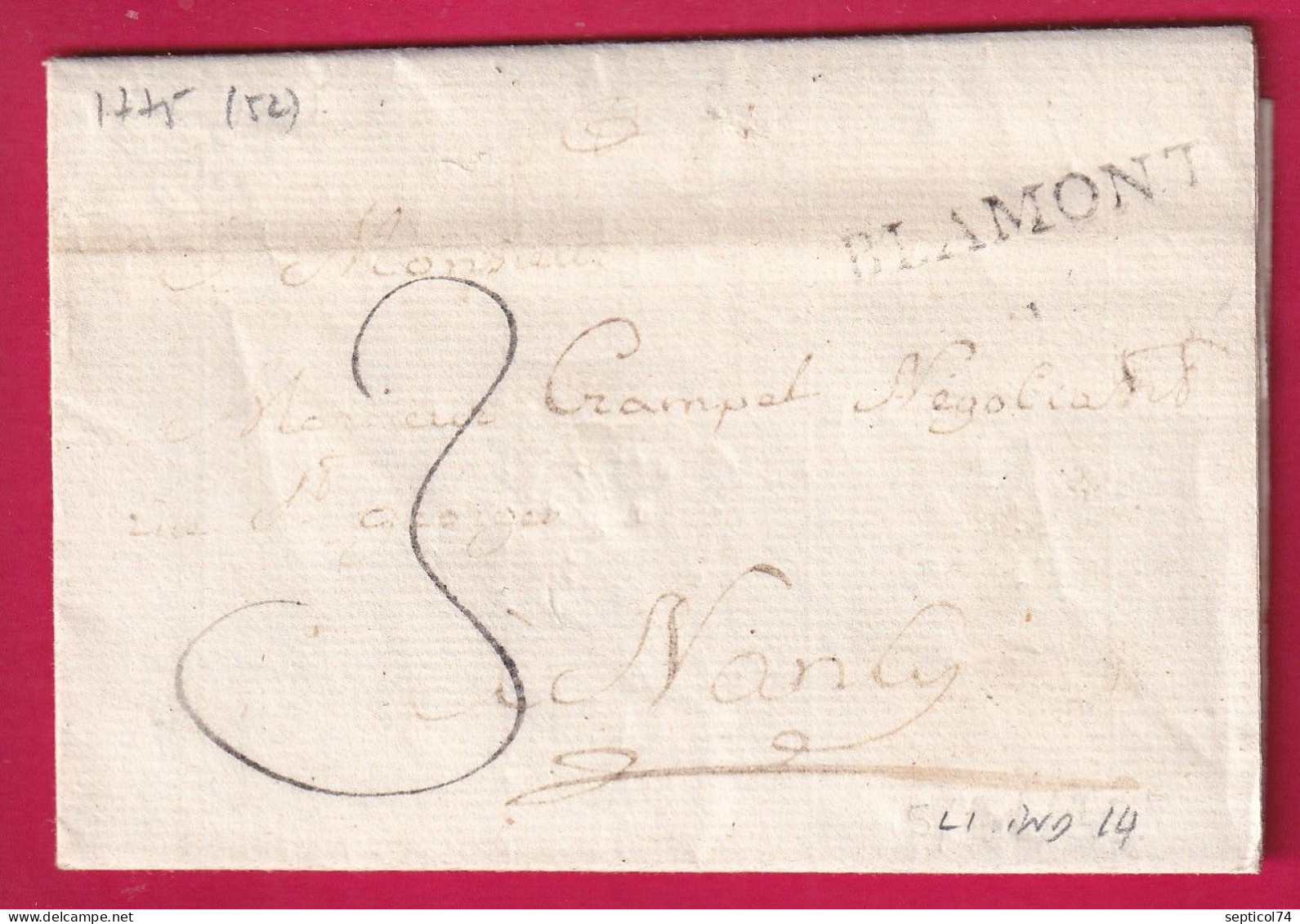 MARQUE BLAMONT MEURTHE ET MOSELLE 1775 LENAIN N°1 INDICE 14 POUR NANCY LETTRE - 1701-1800: Précurseurs XVIII