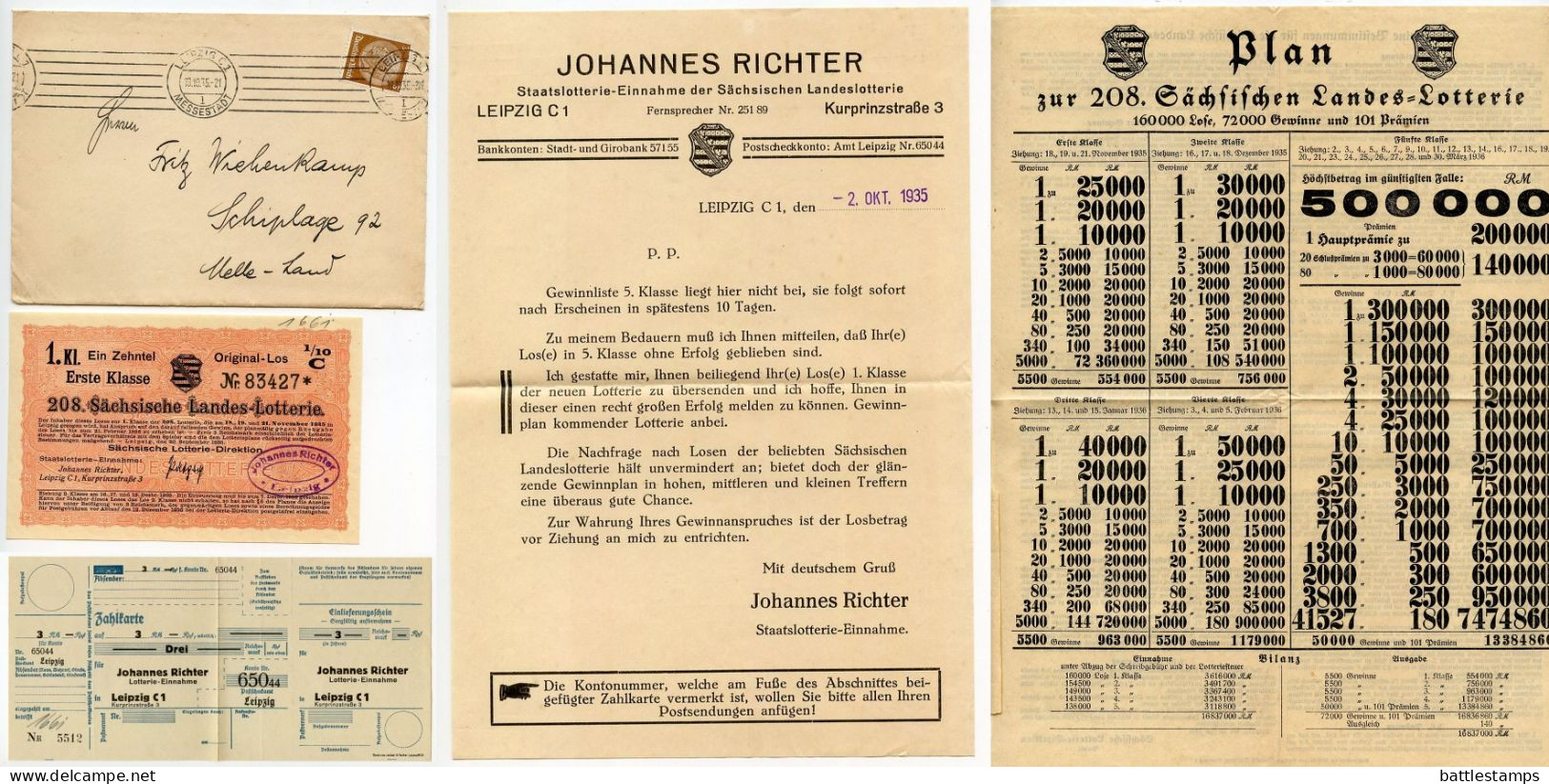 Germany 1935 Advert Cover W/ Letters & Ticket; Leipzig - Staatslotterie-Einnahme Der Sächsischen Landeslotterie - Storia Postale