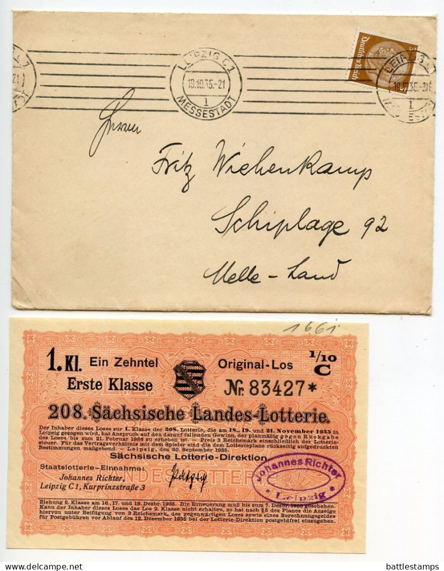 Germany 1935 Advert Cover W/ Letters & Ticket; Leipzig - Staatslotterie-Einnahme Der Sächsischen Landeslotterie - Briefe U. Dokumente