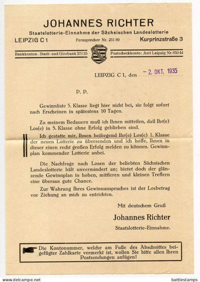 Germany 1935 Advert Cover W/ Letters & Ticket; Leipzig - Staatslotterie-Einnahme Der Sächsischen Landeslotterie - Storia Postale