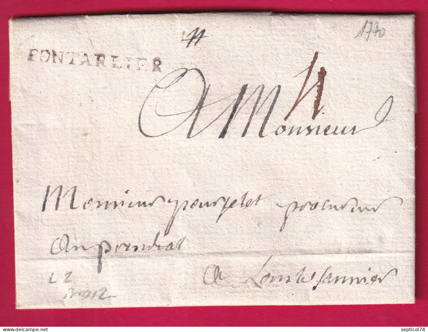 MARQUE PONTARLIER DOUBS 1770 LENAIN N°2 INDICE 12 POUR LONS LE SAULNIER LETTRE - 1701-1800: Précurseurs XVIII