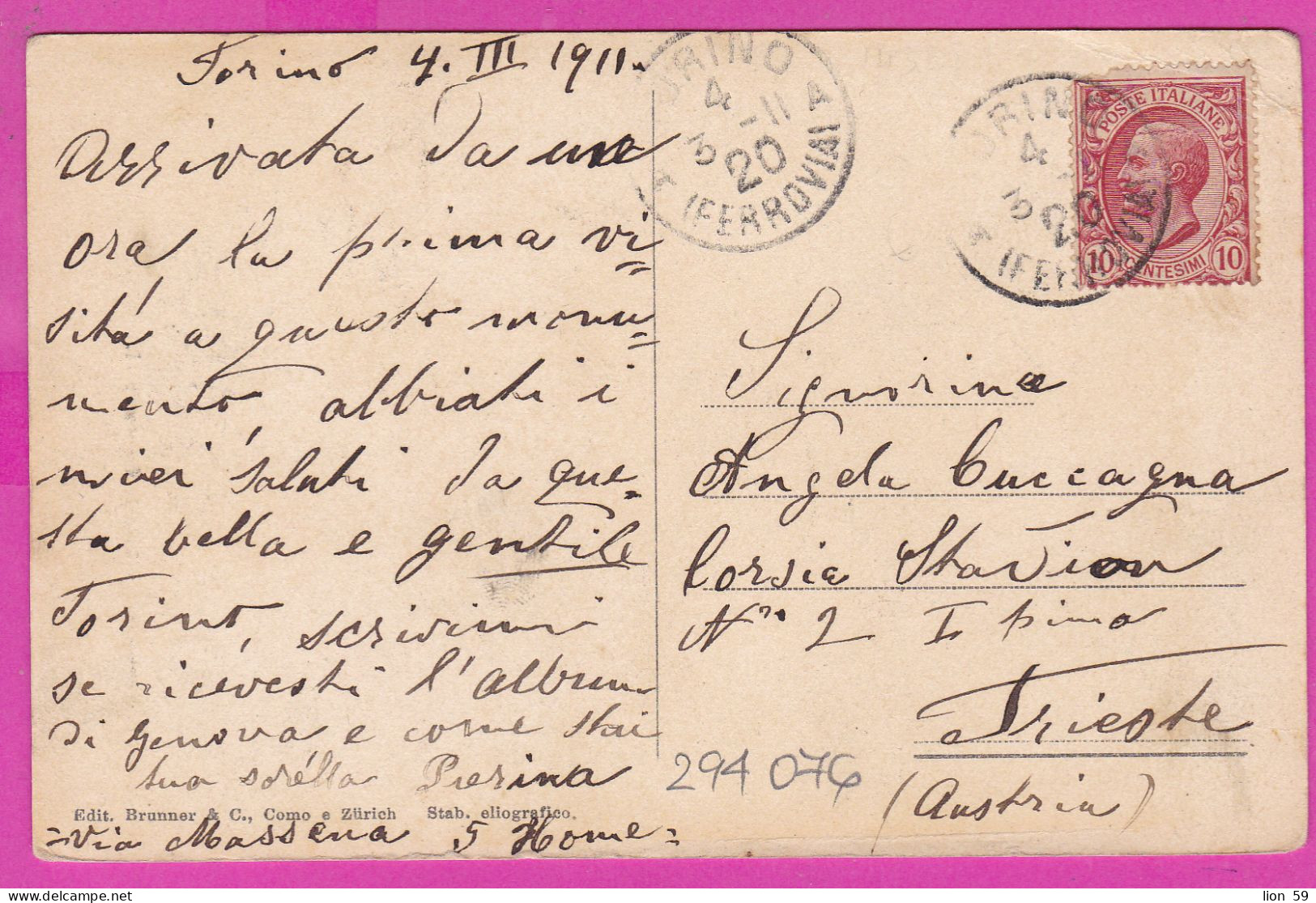 294076 / Italy - TORINA - Monumento A Vittorio Emanuele II Statue  PC 1911 USED - 10 Cent. Vittorio Emanuele III - Storia Postale