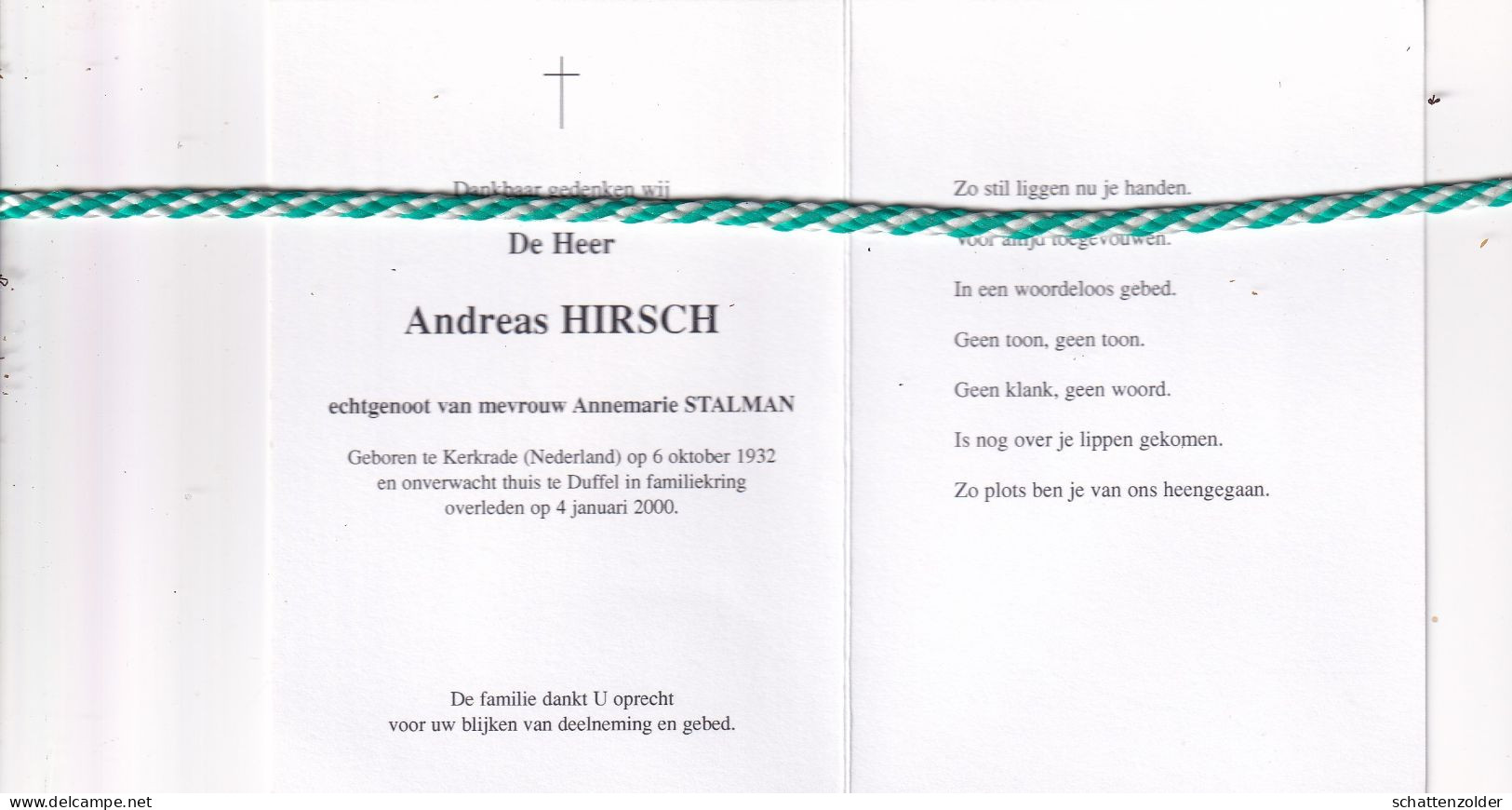 Andreas Hirsch-Stalman, Kerkrade (Nl) 1932, Duffel 2000. Foto - Obituary Notices