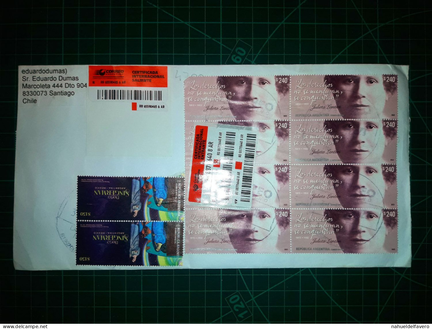ARGENTINE, Enveloppe Largo A Circulé à Santiago Du Chili Avec Une Variété Colorée De Timbres-poste (Berta Singerman Et A - Used Stamps