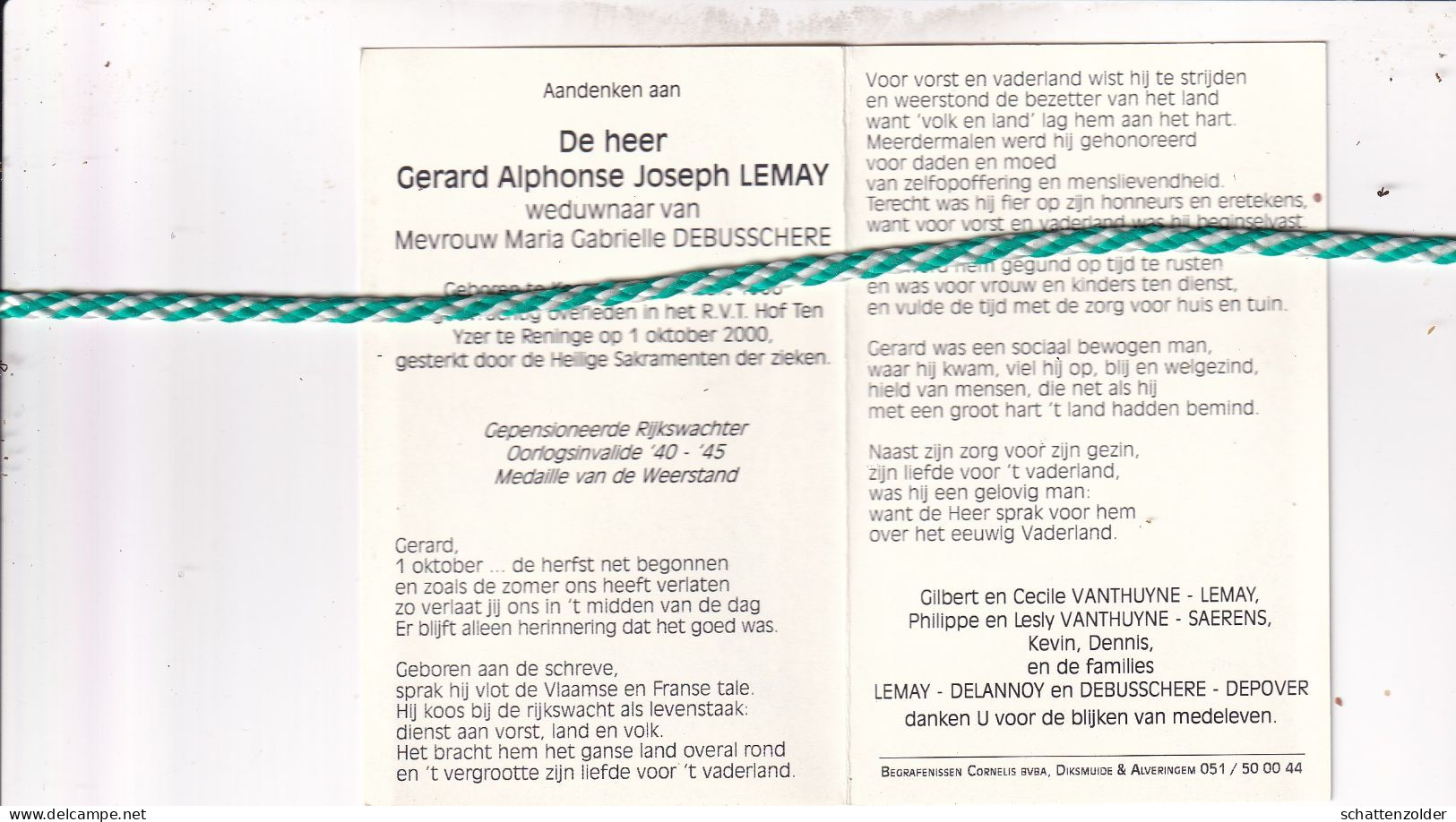 Gerard Alphonse Joseph Lemay-Debusschere, Komen 1908, Reninge 2000. Rijkswachter O.r. Foto - Obituary Notices