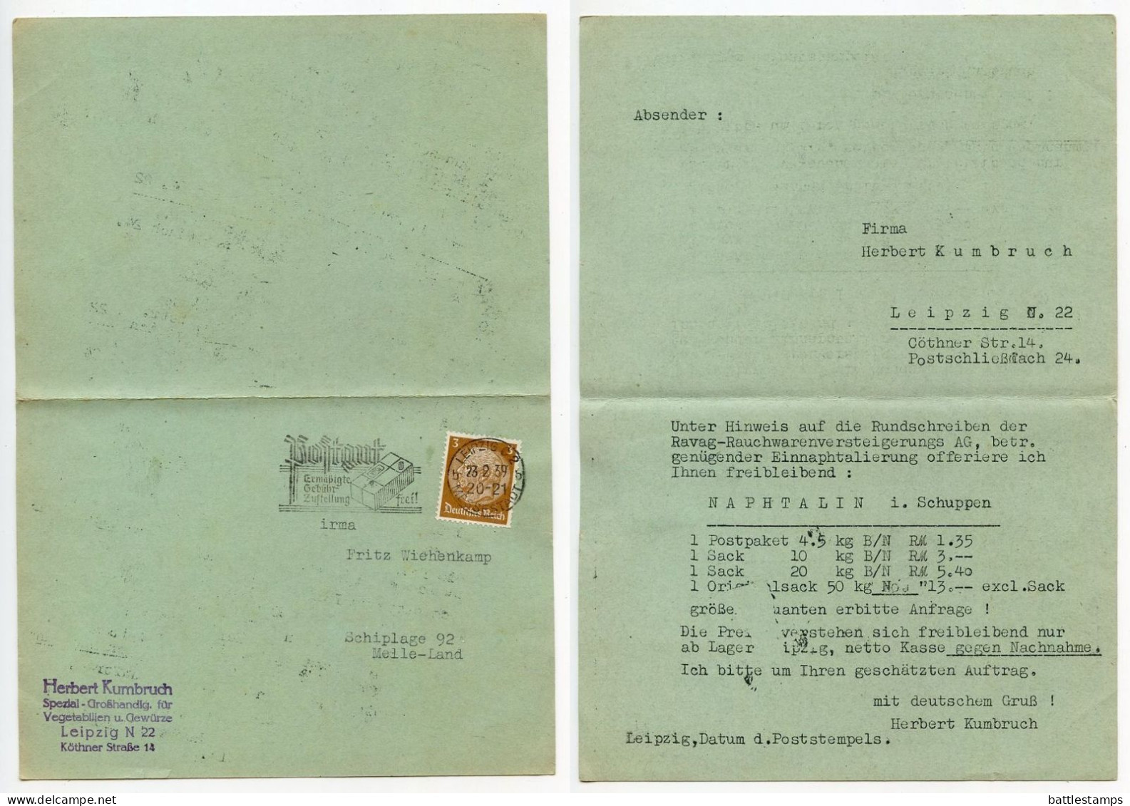 Germany 1939 Postcard W/ Reply Card; Leipzig - Herbert Kumbruch, Spezial-Großhandig Für Vegetabilien U. Gewürze - Storia Postale