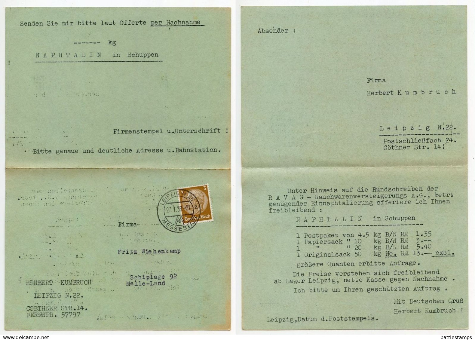 Germany 1938 Postcard W/ Reply Card; Leipzig - Herbert Kumbruch To Schiplage; 3pf. Hindenburg - Covers & Documents