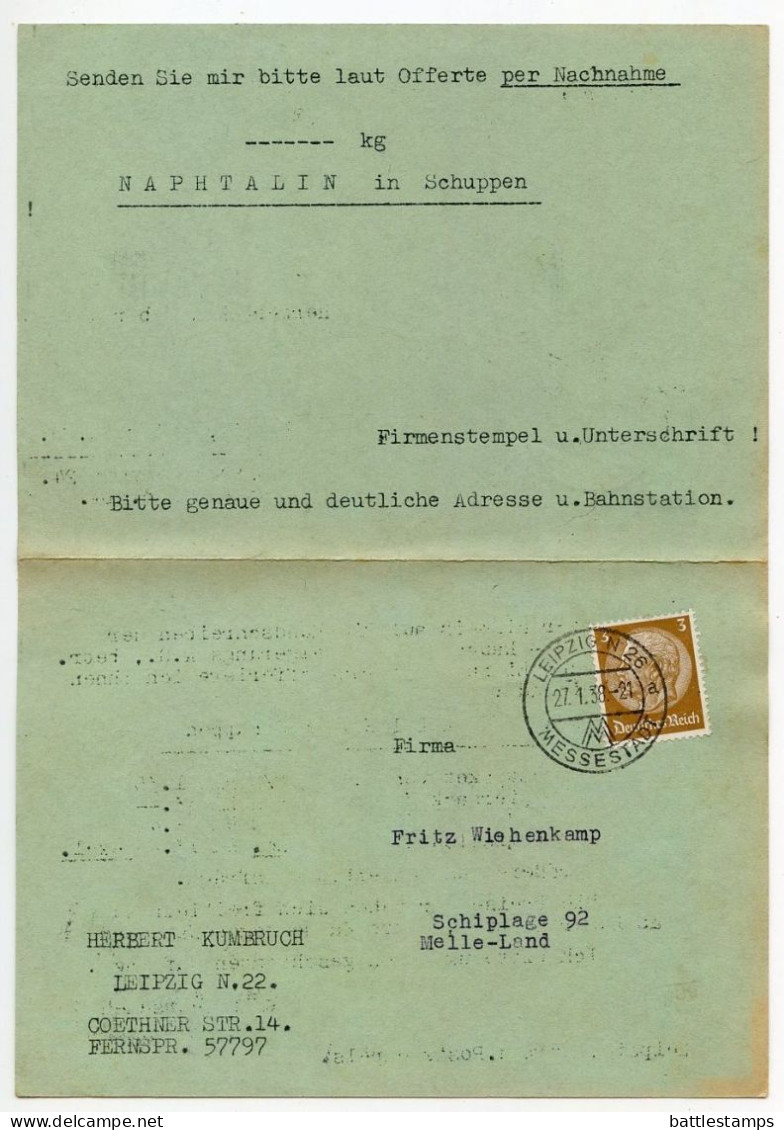 Germany 1938 Postcard W/ Reply Card; Leipzig - Herbert Kumbruch To Schiplage; 3pf. Hindenburg - Briefe U. Dokumente