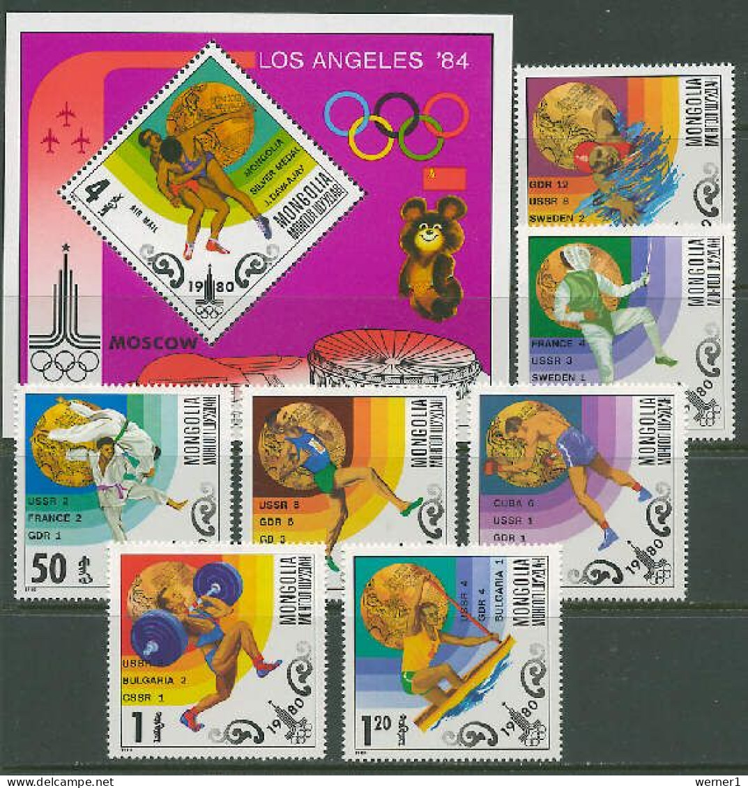 Mongolia 1980 Olympic Games Moscow, Wrestling, Judo, Cycling, Fencing Etc. Set Of 7 + S/s MNH - Ete 1980: Moscou