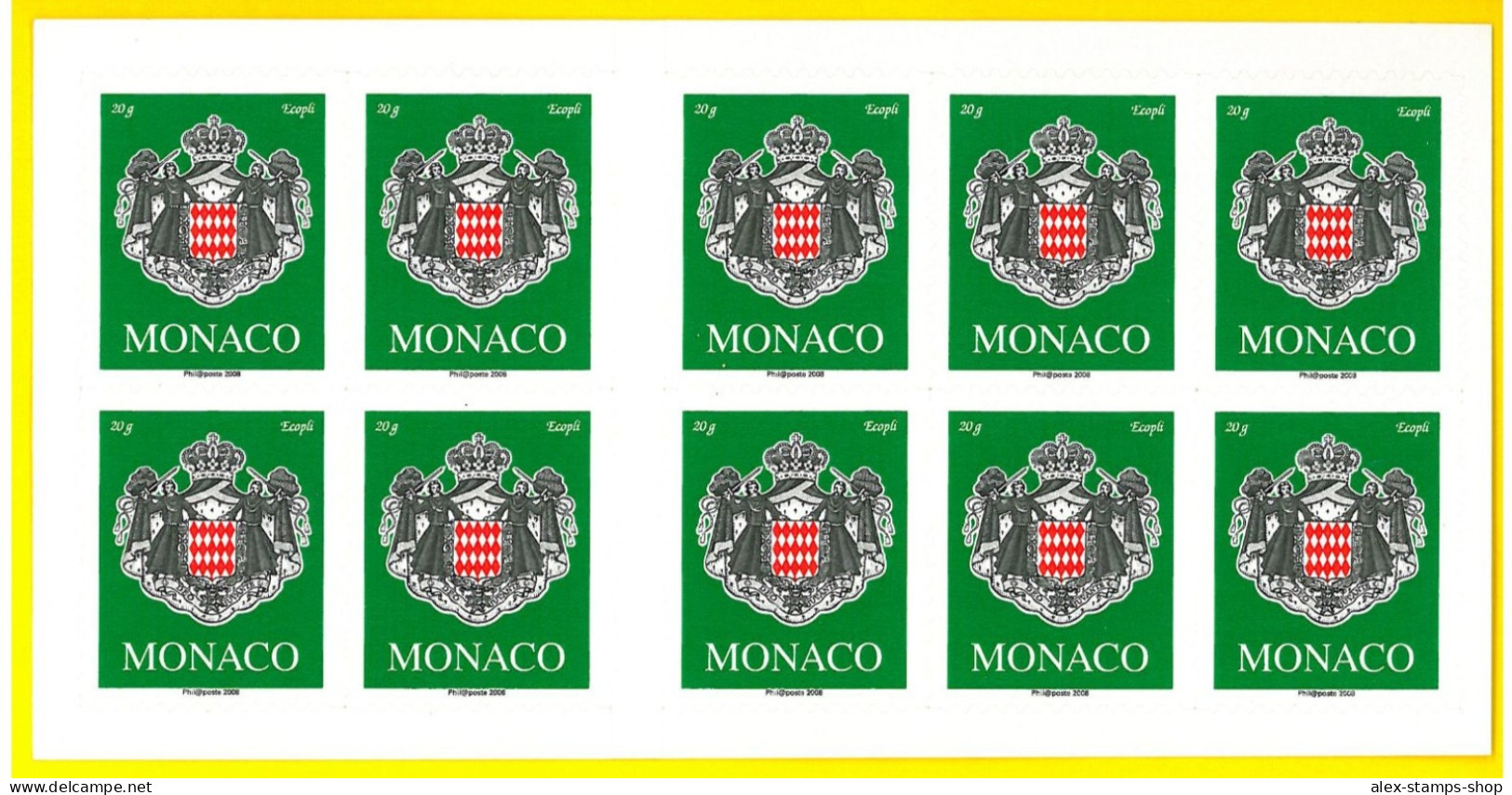 MONACO Booklet Green TVP PHIL@POSTE 2008 Stamp Booklet VERY RARE Yvert 2502 L14b - Markenheftchen