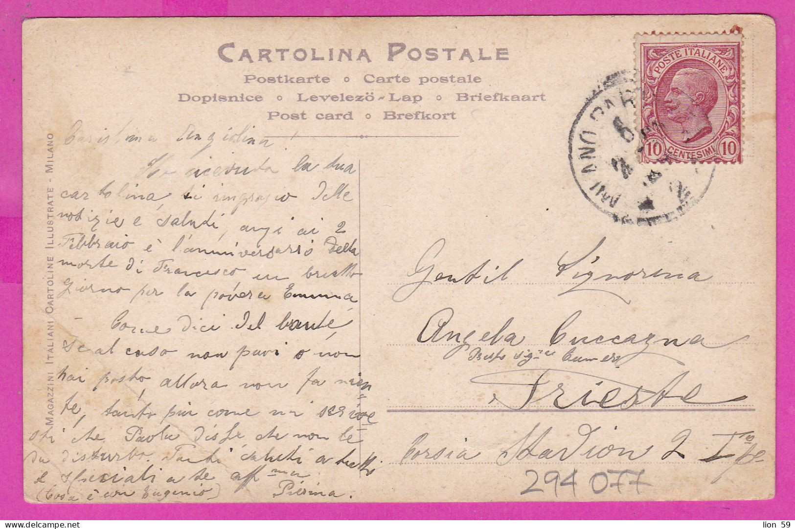 294077 / Italy - MILANO Monumento A Giuseppe Parini PC 1920 USED - 10 Cent. Vittorio Emanuele III - Marcophilie