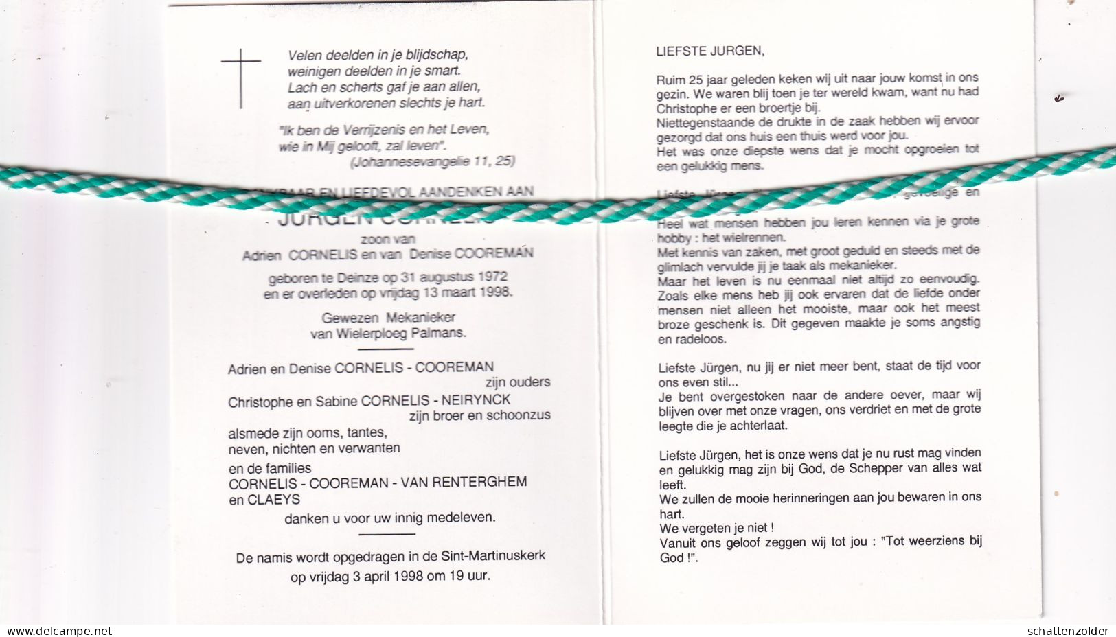 Jurgen Cornelis-Cooreman, Deinze 1972; 1998. Gewezen Mekanieker Wielerploeg Palmans. Foto - Obituary Notices