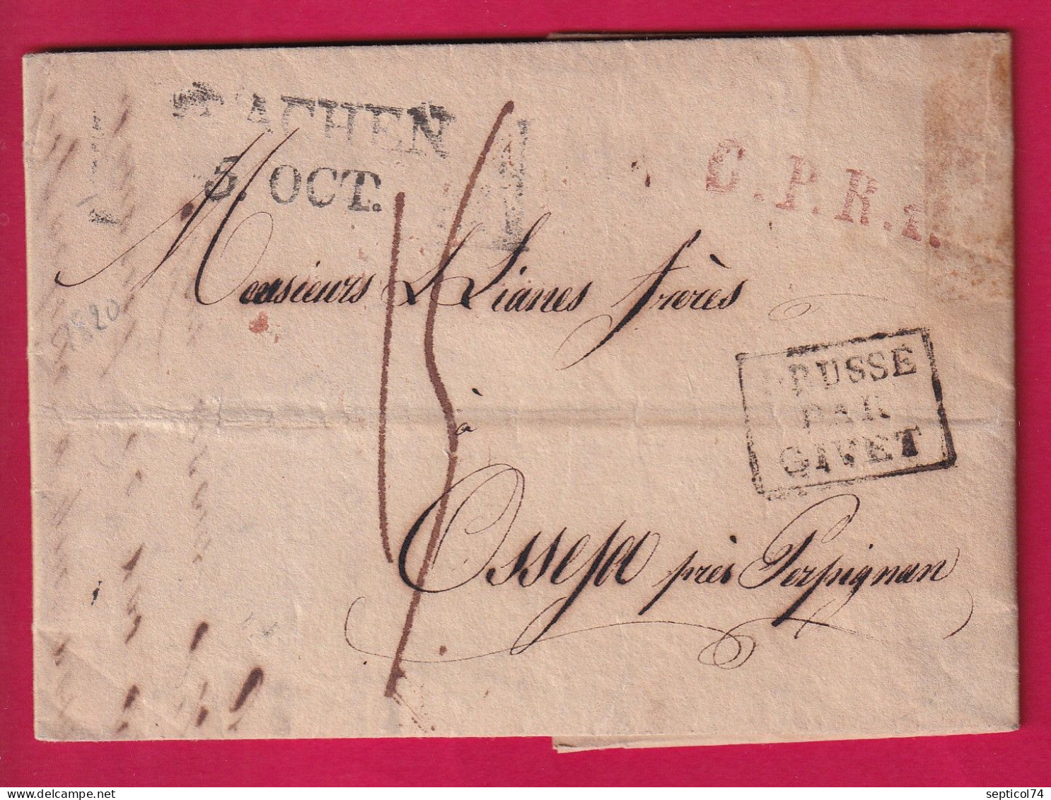 DEBOURSE DEB 66 PERPIGNAN PYRENEES ORIENTALES INDICE 17 DEPART AACHEN AIX LA CHAPELLE ALLEMAGNE ENTREE PAR GIVET LETTRE - 1801-1848: Précurseurs XIX