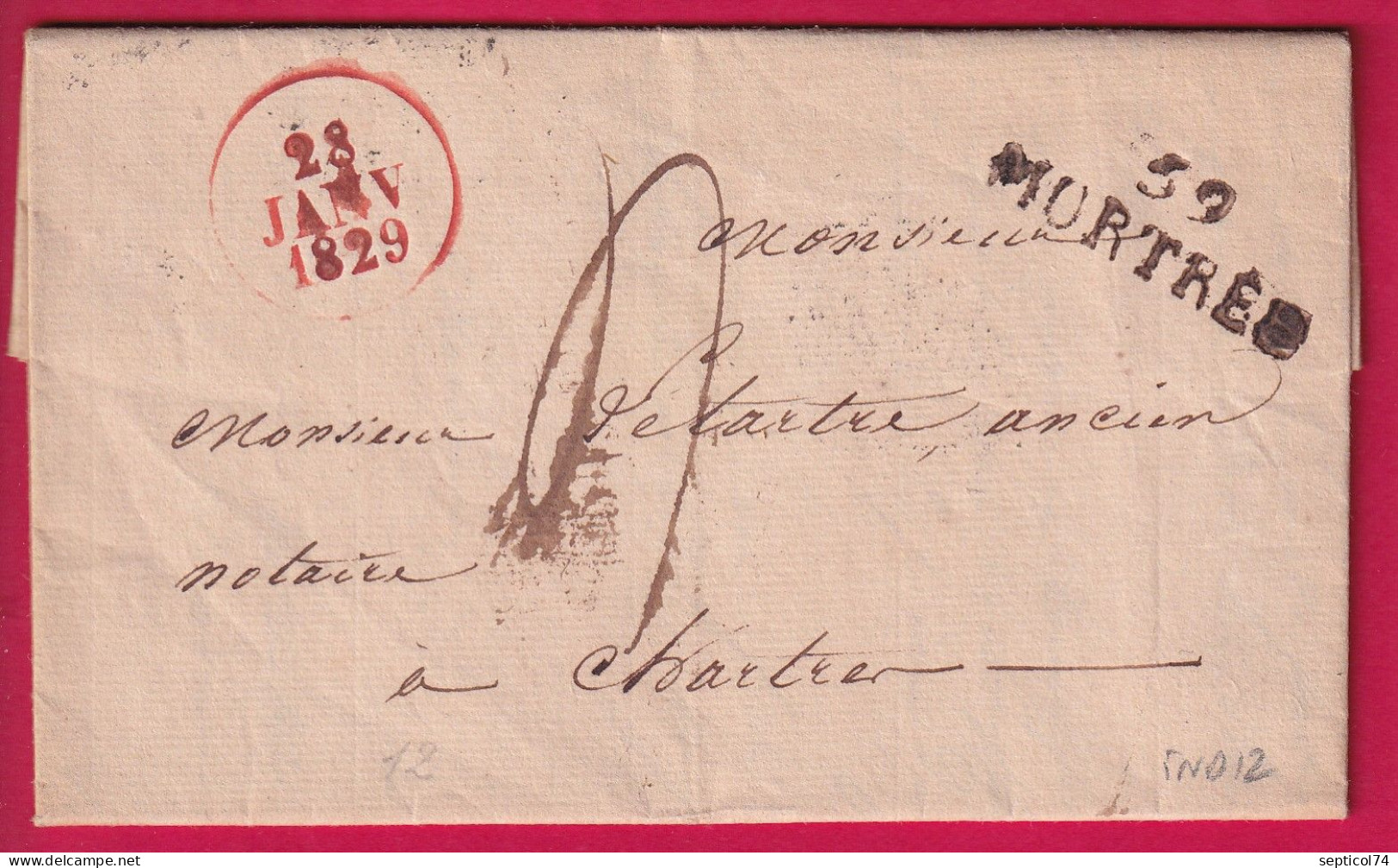 MARQUE 59 MORTREE ORNE + DATEUR A EN ROUGE 1829 POUR CHARTRES ERURE ET LOIR LETTRE - 1801-1848: Precursors XIX