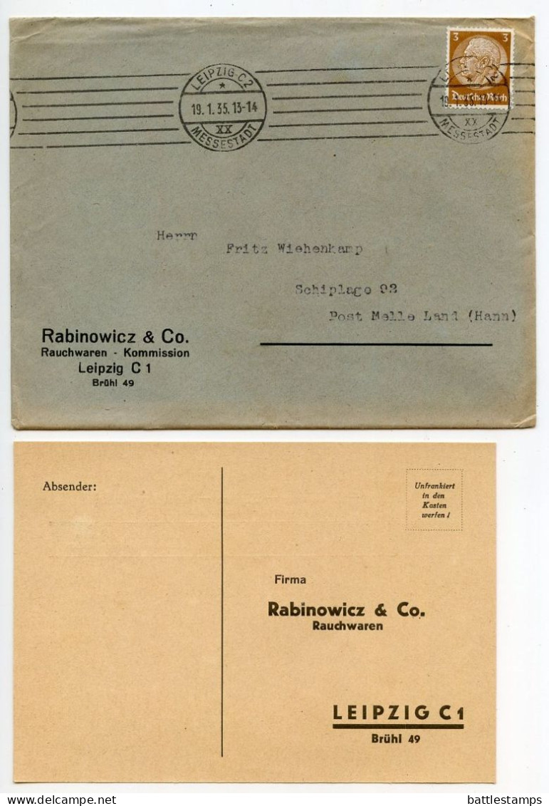 Germany 1935 Cover & Price List; Leipzig - Rabinowicz & Co., Rauchwaren - Kommission To Schiplage; 3pf. Hindenburg - Briefe U. Dokumente
