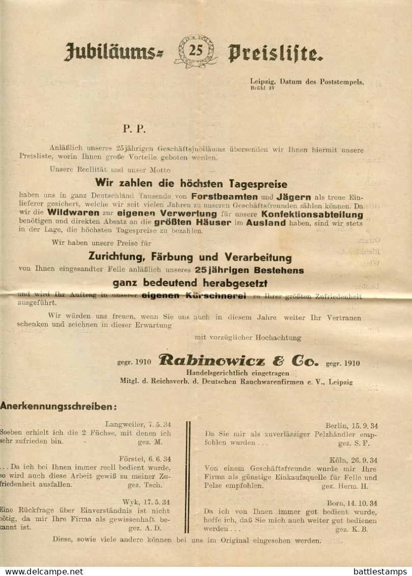 Germany 1935 Cover & Price List; Leipzig - Rabinowicz & Co., Rauchwaren - Kommission To Schiplage; 3pf. Hindenburg - Storia Postale