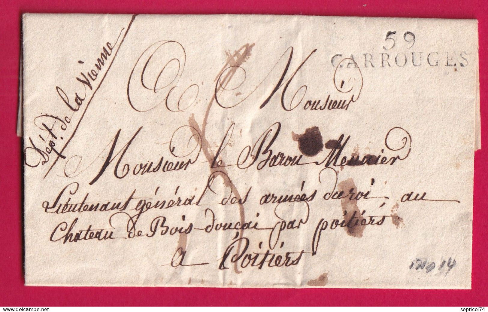 MARQUE 59 CARROUGES ORNE 1821 POUR POITIERS VIENNE INDICE 14 LETTRE - 1801-1848: Précurseurs XIX