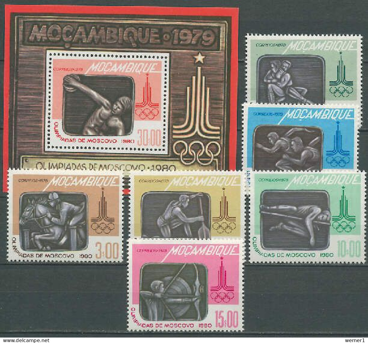 Mocambique 1979 Olympic Games Moscow, Wrestling, Equestrian, Archery Etc. Set Of 6 + S/s MNH - Verano 1980: Moscu