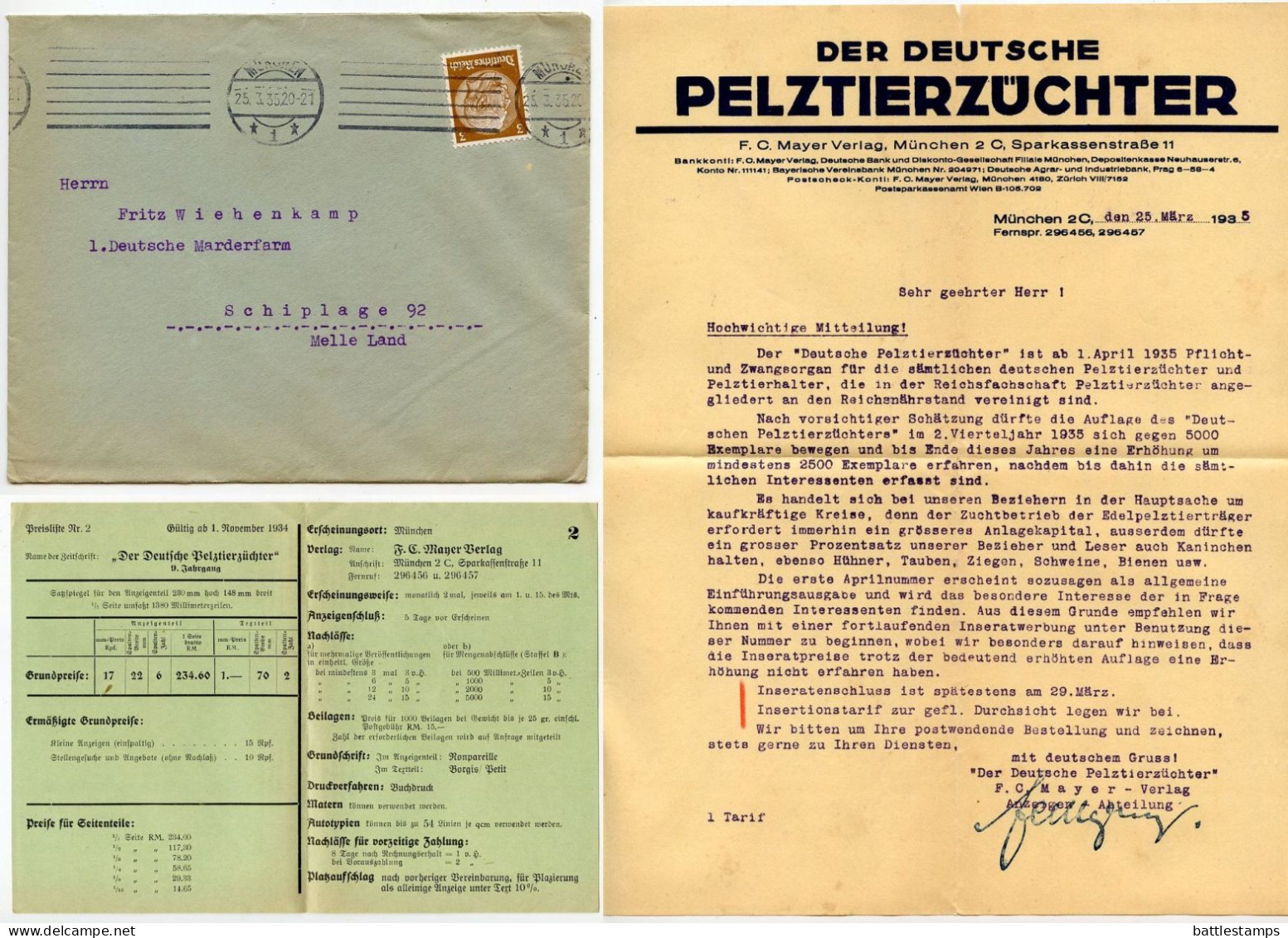 Germany 1935 Cover & Letter; München - Der Deutscher Pelztierzüchter To Schiplage; 3pf. Hindenburg - Storia Postale