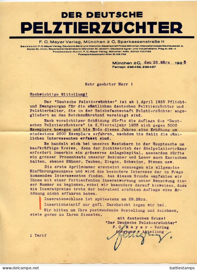 Germany 1935 Cover & Letter; München - Der Deutscher Pelztierzüchter To Schiplage; 3pf. Hindenburg - Briefe U. Dokumente