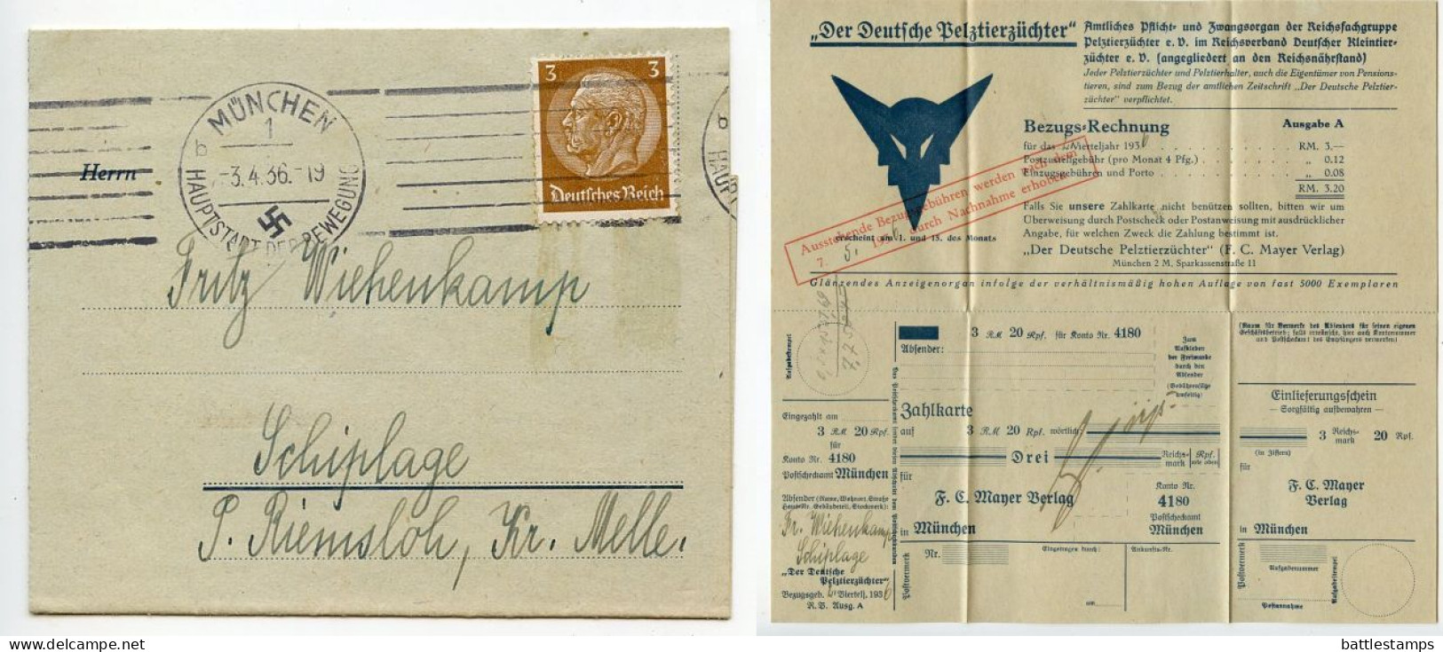 Germany 1936 Folded Zahlkarte & Invoice; München - Der Deutscher Pelztierzüchter To Schiplage; 3pf. Hindenburg - Lettres & Documents