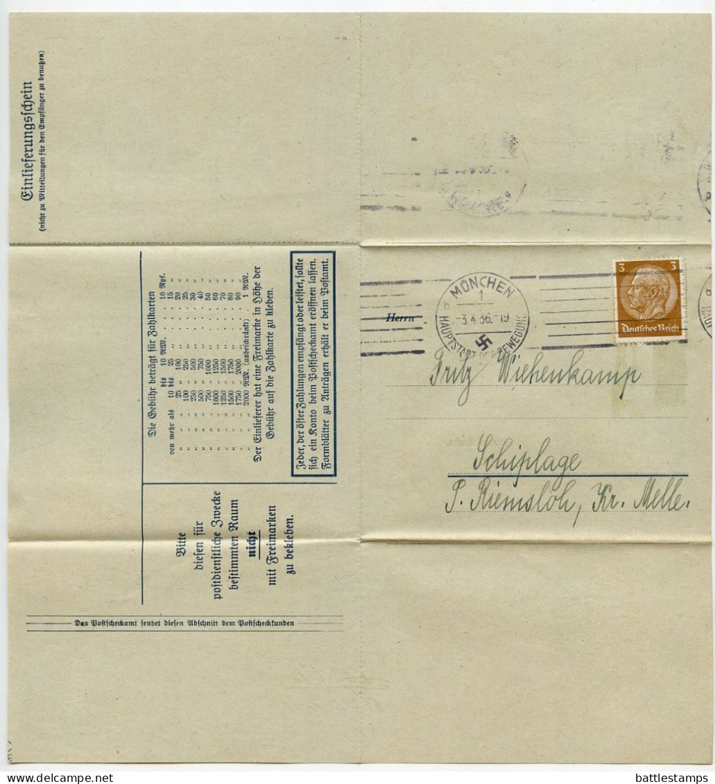 Germany 1936 Folded Zahlkarte & Invoice; München - Der Deutscher Pelztierzüchter To Schiplage; 3pf. Hindenburg - Storia Postale