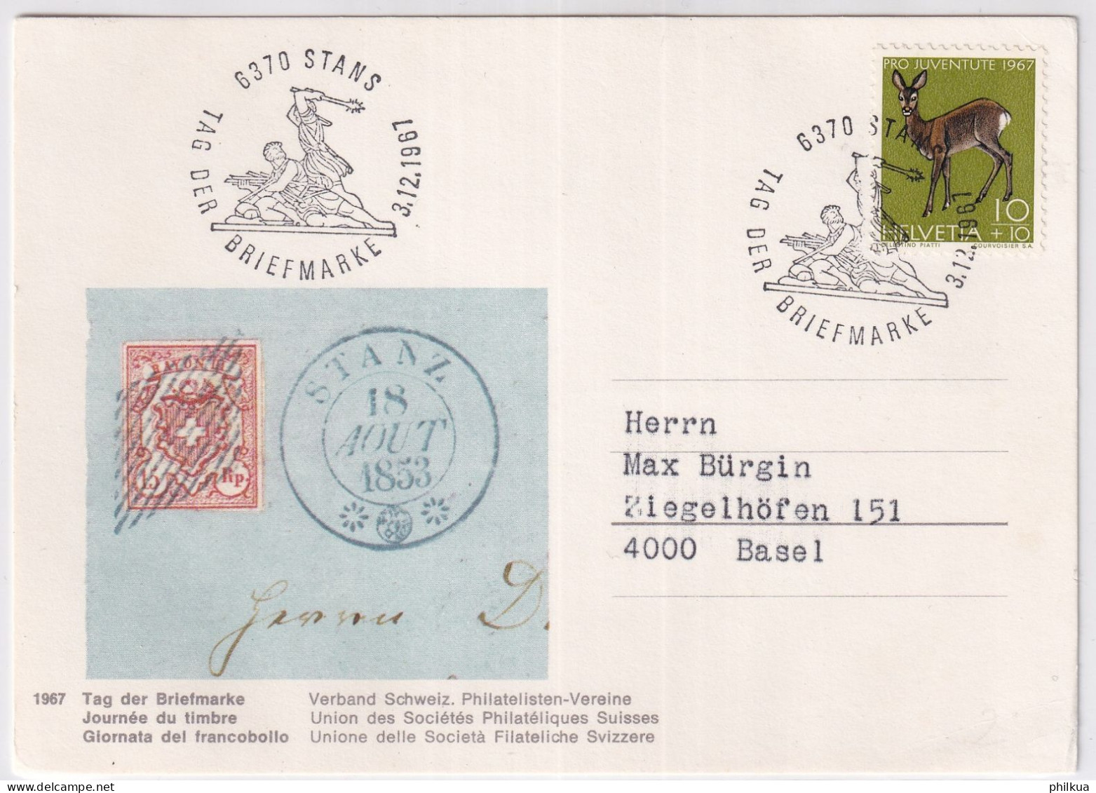 Zum. PJ 220 / Mi. 866 TdB Karte Mit Sonderstempel Tag Der Briefmarke 1967 STANS - Briefe U. Dokumente