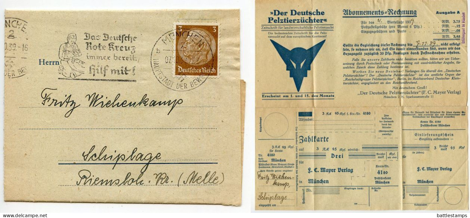 Germany 1939 Folded Zahlkarte & Invoice; München, Der Deutscher Pelztierzüchter; 3pf Hindenburg; Red Cross Slogan Cancel - Lettres & Documents