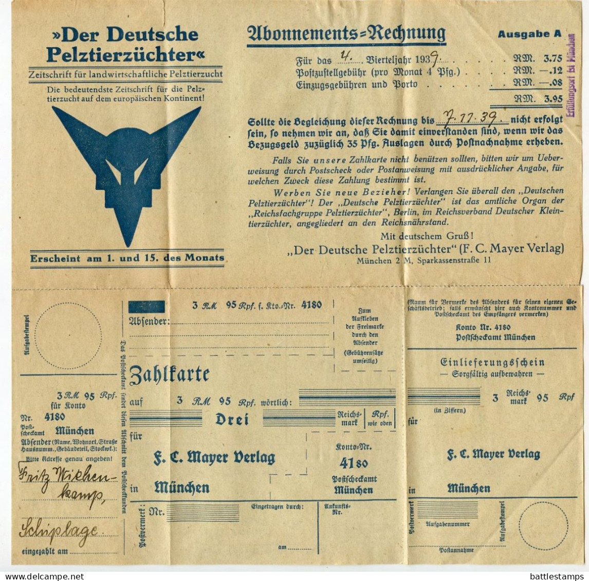Germany 1939 Folded Zahlkarte & Invoice; München, Der Deutscher Pelztierzüchter; 3pf Hindenburg; Red Cross Slogan Cancel - Covers & Documents