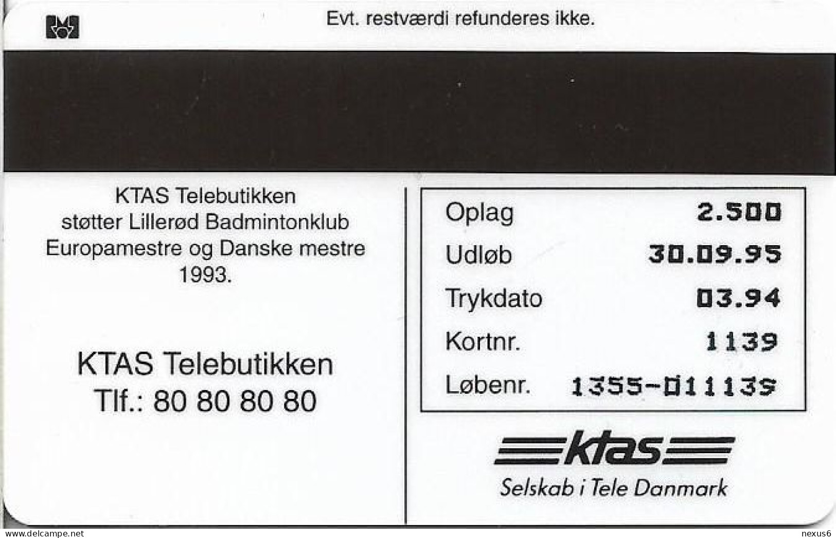 Denmark - KTAS - Lilleroed Badminton Club - TDKP072 - 03.1994, 5kr, 2.500ex, Used - Dänemark