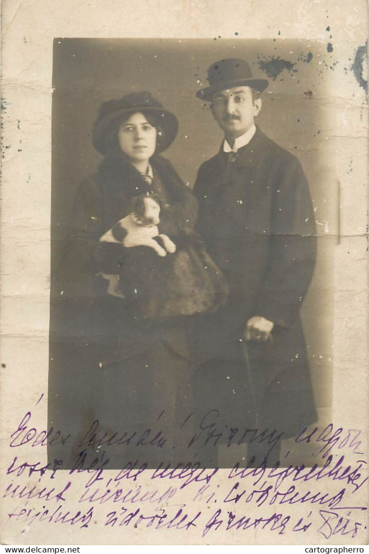 Souvenir Photo Postcard Elegant Couple Hat Dog Puppey - Photographs