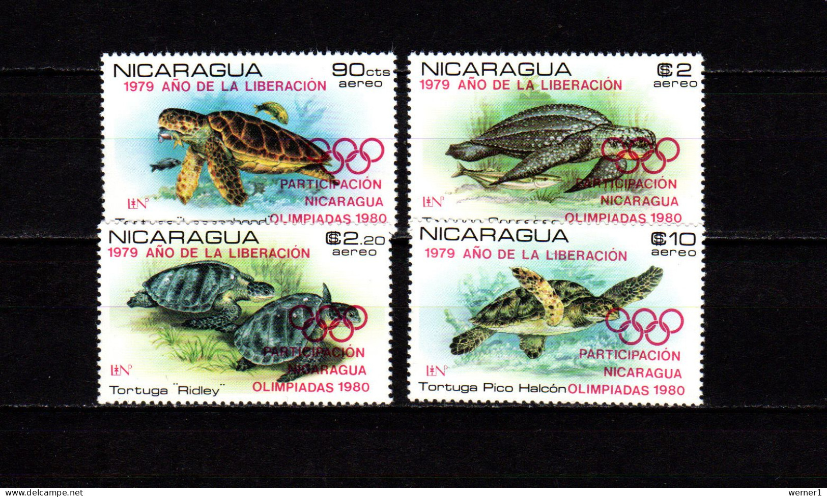 Nicaragua 1980 Olympic Games Moscow, Turtles Set Of 4 With Red Overprint MNH -scarce- - Estate 1980: Mosca