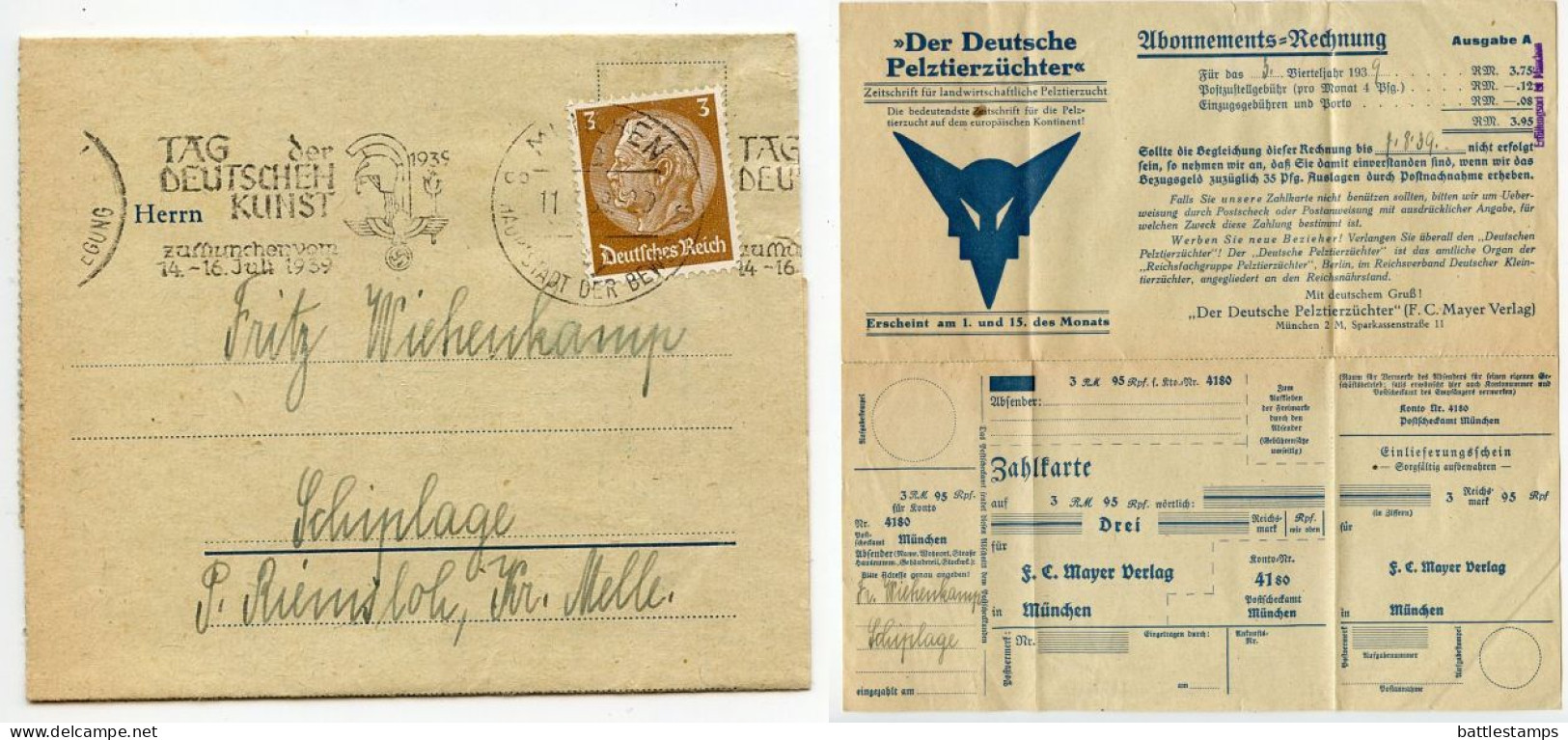 Germany 1939 Folded Zahlkarte & Invoice; München, Der Deutscher Pelztierzüchter; 3pf. Hindenburg; Art Day Slogan Cancel - Storia Postale